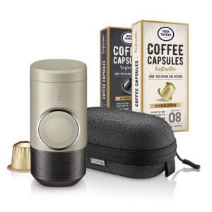 מכונת אספרסו ניידת מיניפרסו NS2 ו-20 קפסולות לנדוור + נרתיק